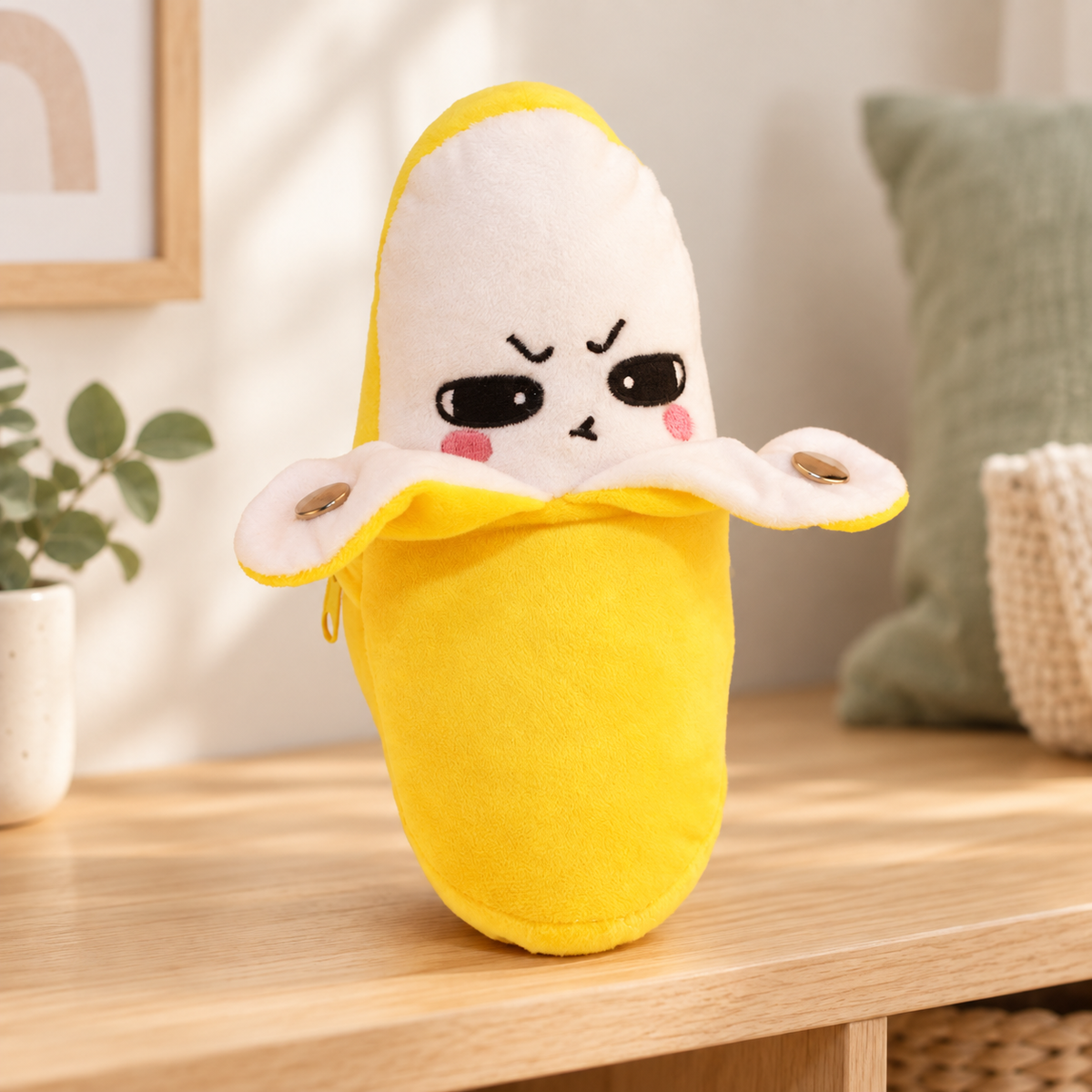 Yellow banana musical plush toy displayed on a wooden table in a softly lit room